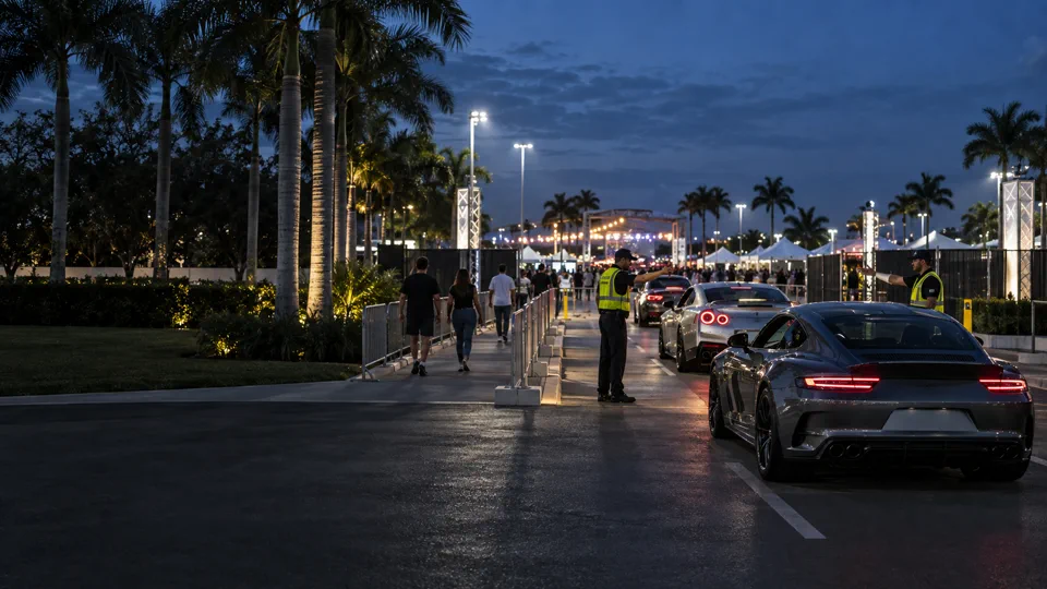 Visitors and show cars arriving at night