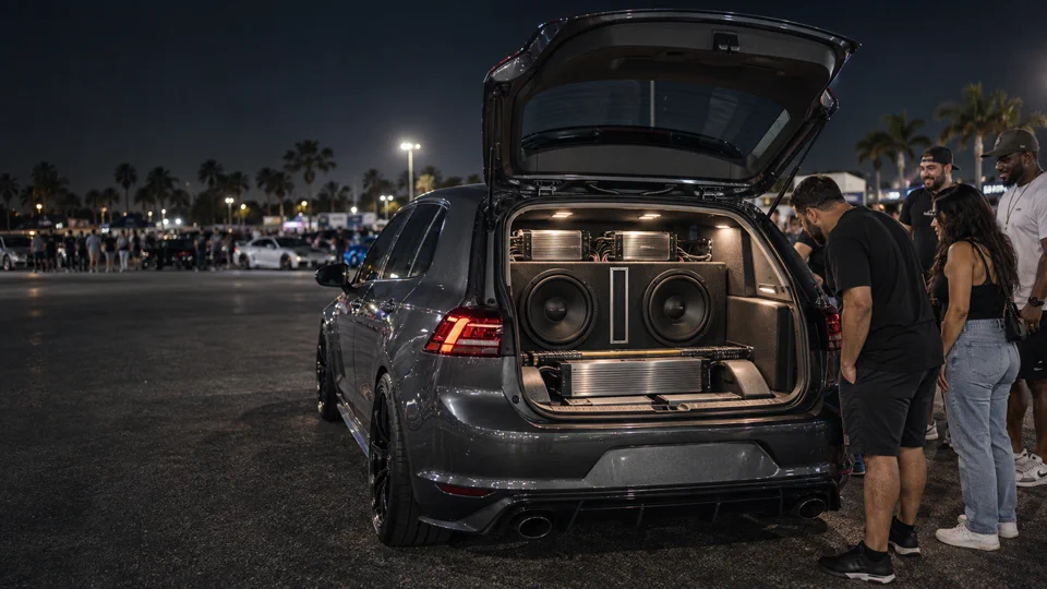 Visitors looking at a detailed automotive audio build