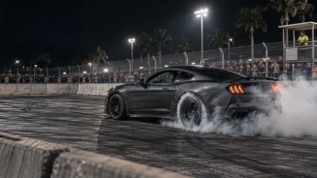 A graphite car doing a controlled burnout on a closed pad