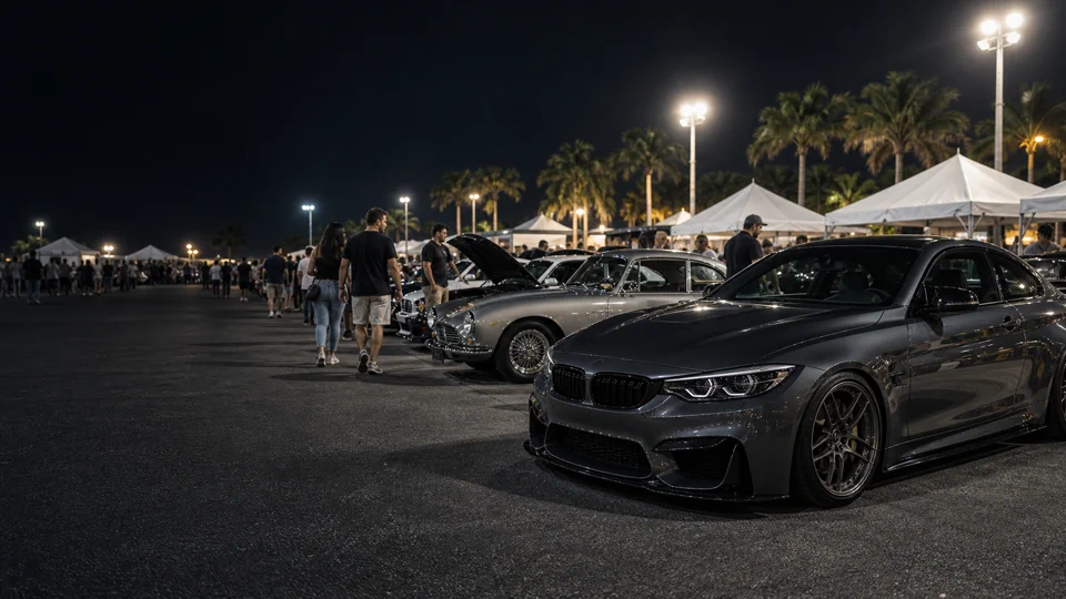 Visitors walking a nighttime row of show cars
