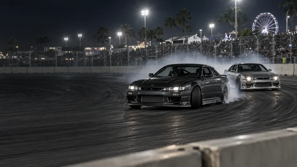 Two professional drift cars in tandem at night
