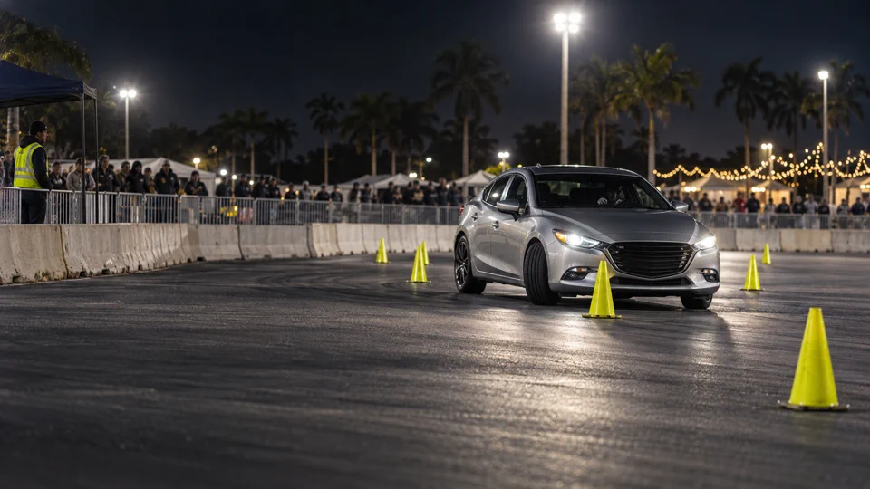 A car navigating a controlled driving skills course