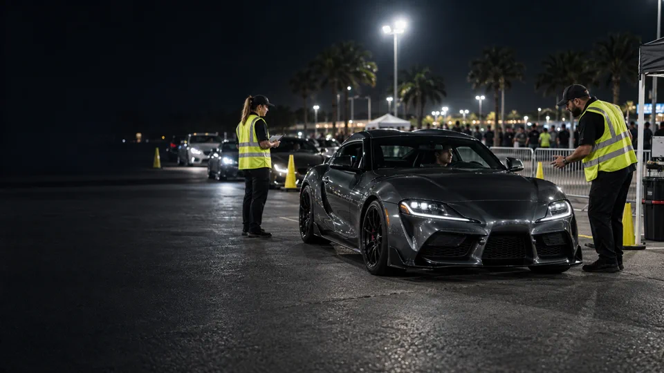 A show car entering participant staging