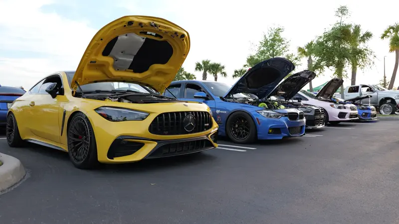 A lineup of European performance cars at a previous Shift Culture event
